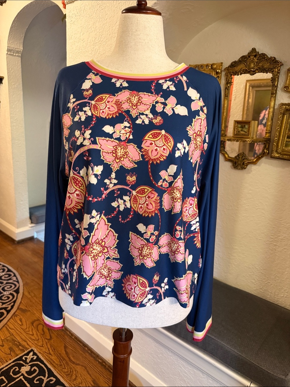 Johnny Was (Be Active)Navy Long-Sleeve Floral Raglan Top with Pink Accents